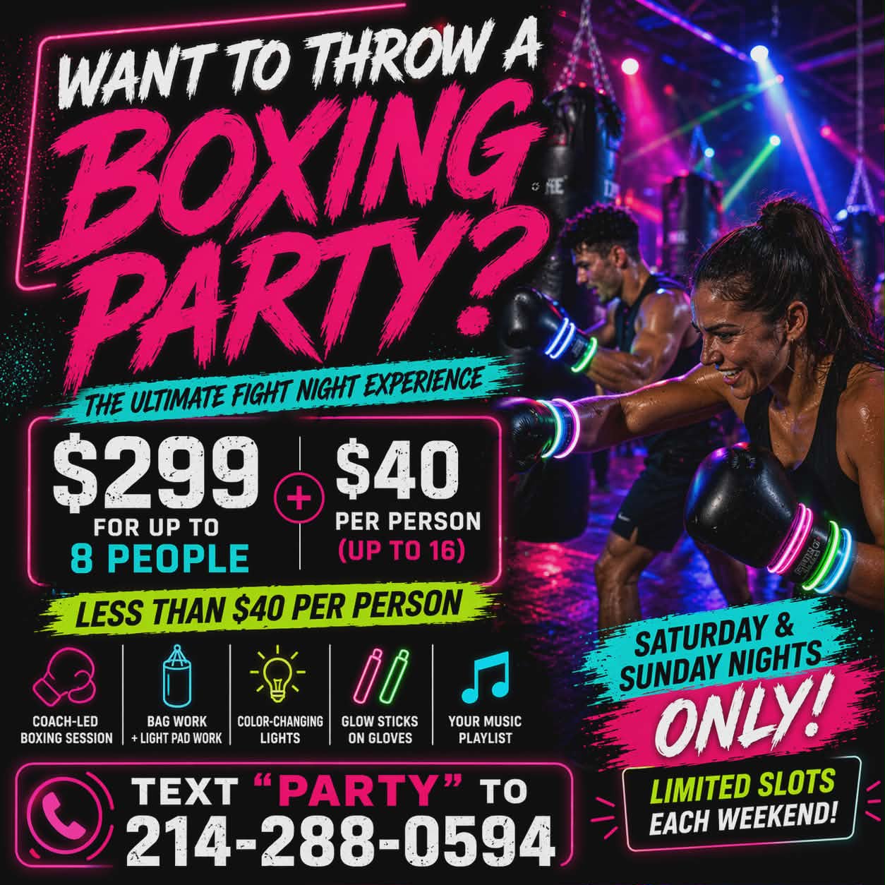Boxing party at Jupiter Kickboxing — neon lights and glow gloves