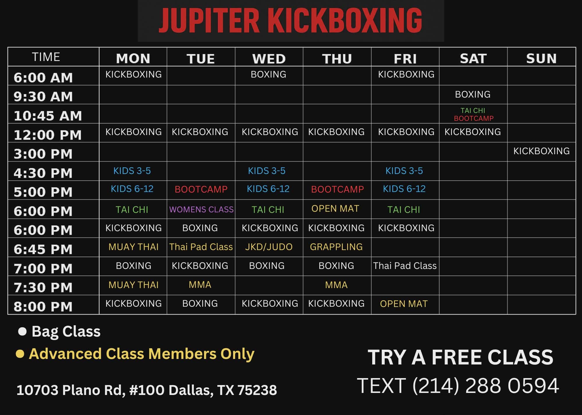Jupiter Kickboxing weekly class schedule
